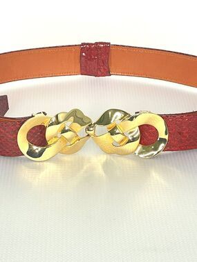 Adjustable Vintage ALEXIS KIRK 80s Red Reptile Gold Love Knot Buckle Belt Signed